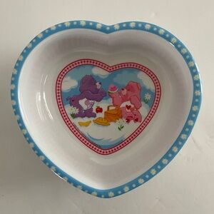 VTG Heart-Shaped Bowl with Care Bear Design Blue Daisy trim. Retro Kids Dishware